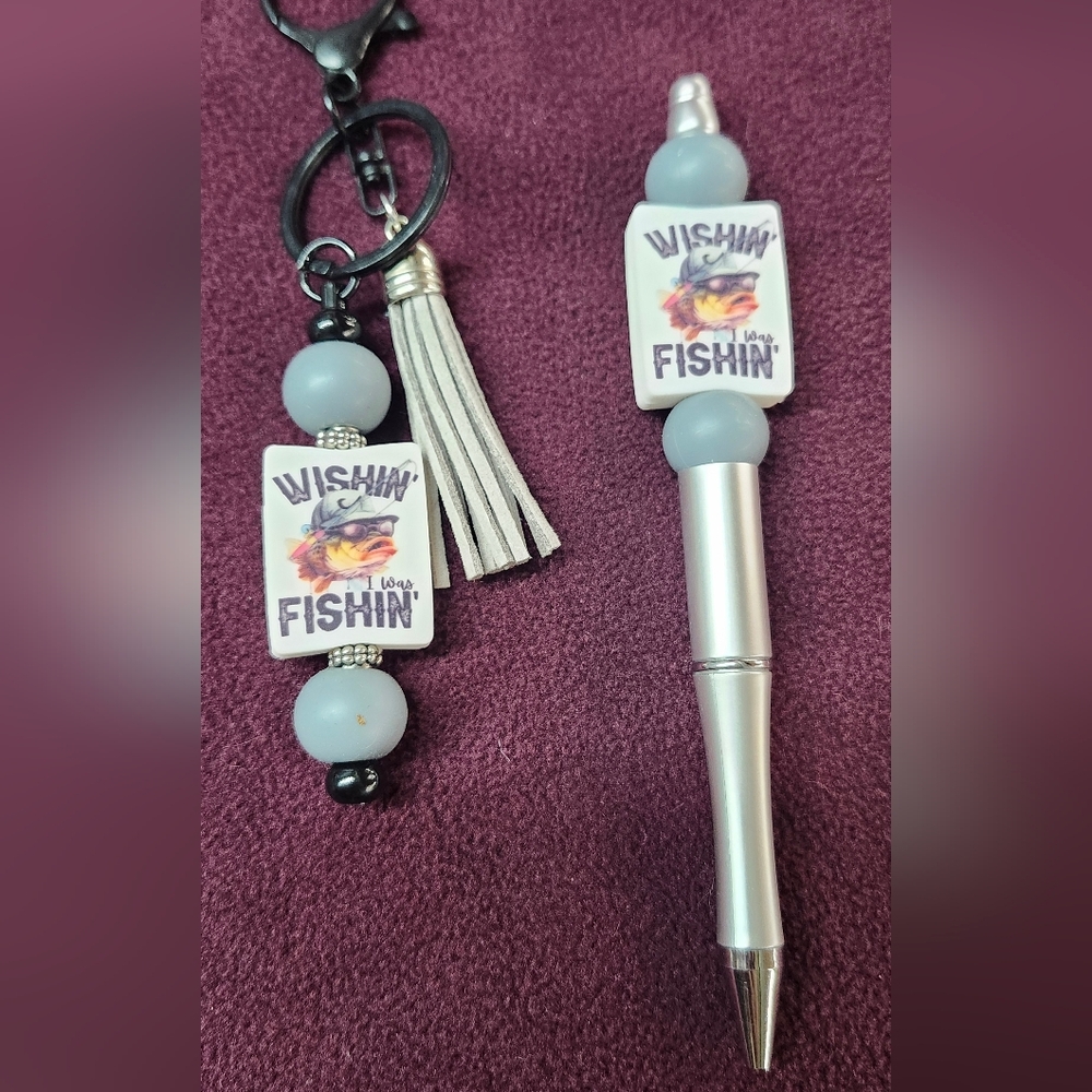 Wishing Fishin' Keychain and Pen Set - Silver and Black